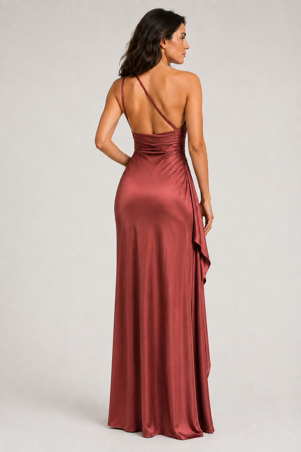 Rust Red one-shoulder flowing maxi dress, back view
