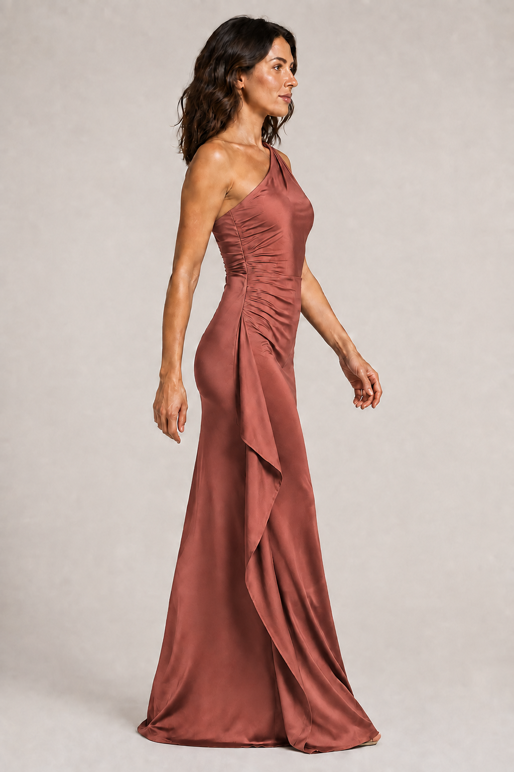 Rust Red one-shoulder flowing maxi dress, side view