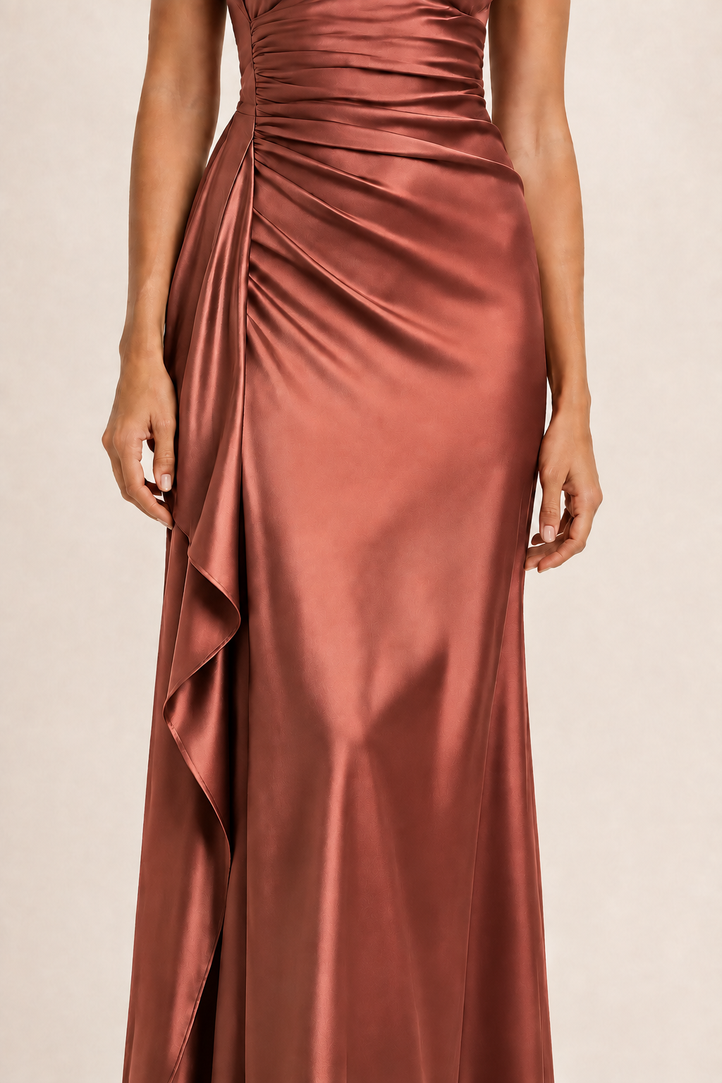 Rust Red one-shoulder flowing maxi dress, slit and draped panel detail