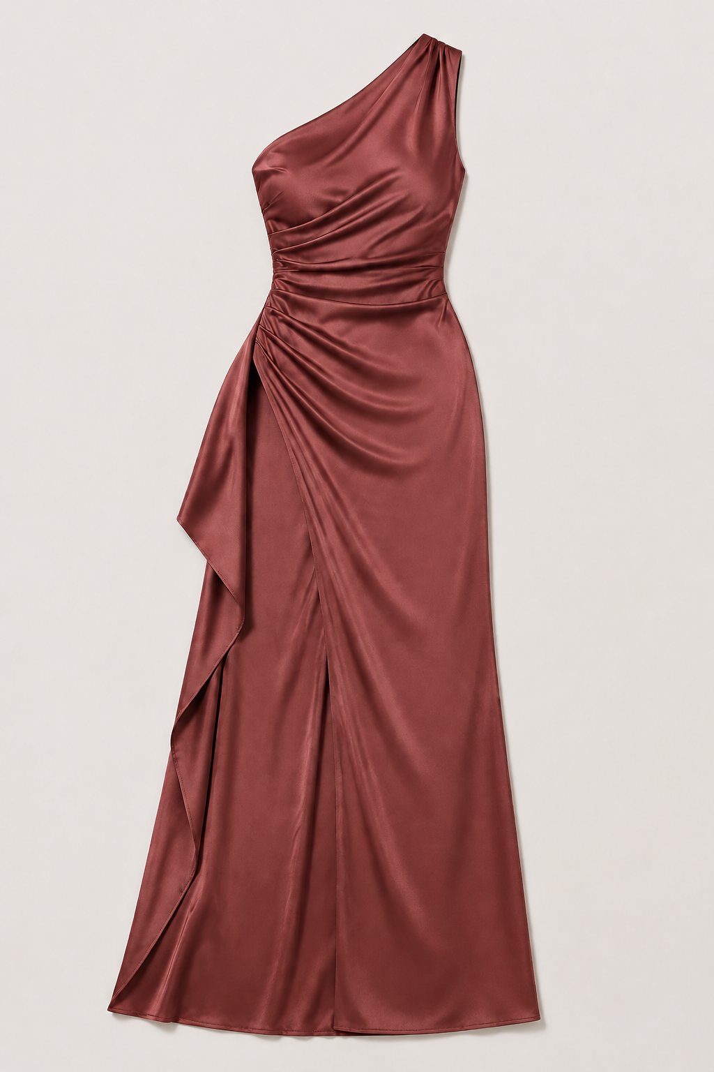 Rust Red one-shoulder flowing maxi dress, flat lay