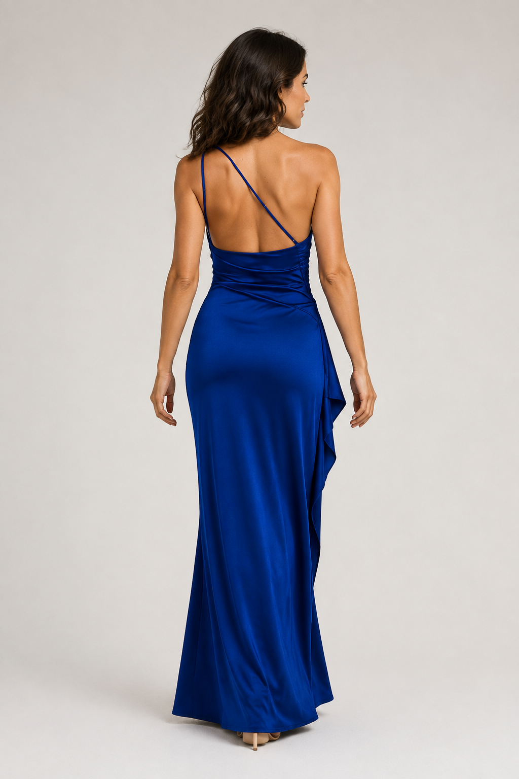 Tibetan Blue one-shoulder flowing maxi dress, back view