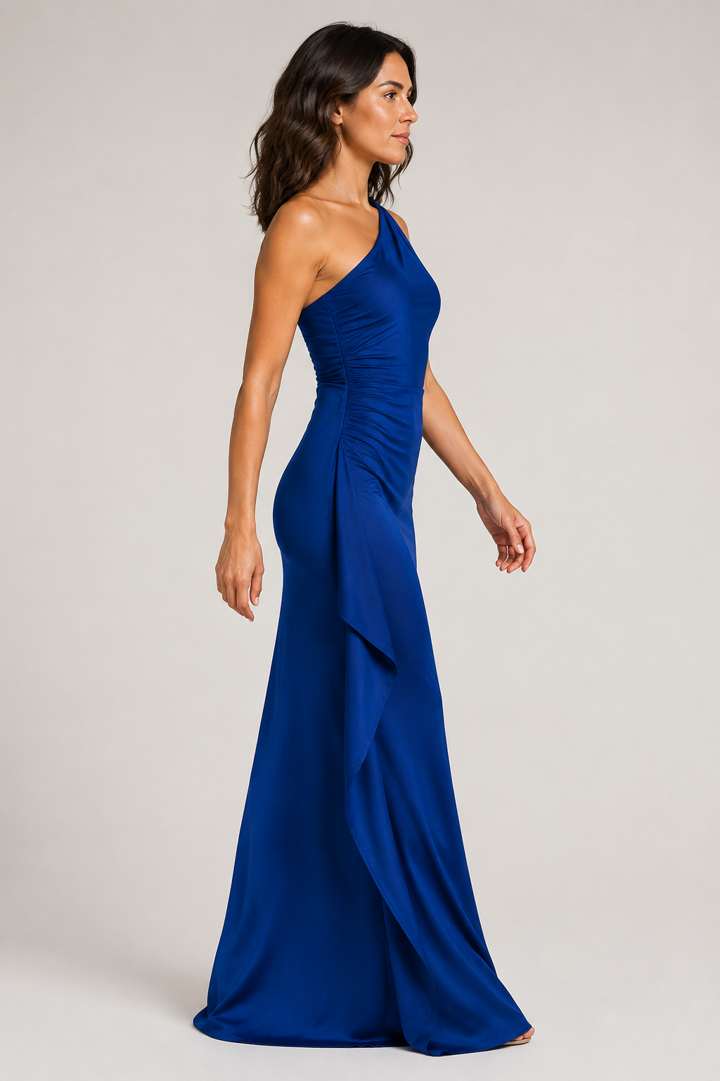 Tibetan Blue one-shoulder flowing maxi dress, side view