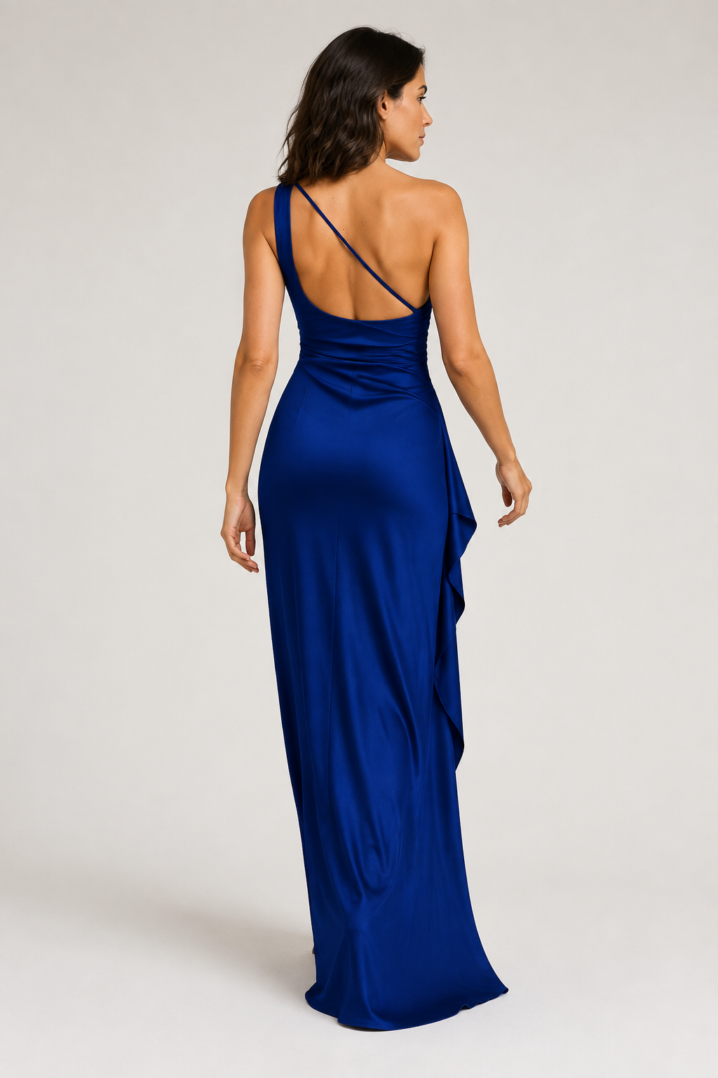 Tibetan Blue one-shoulder flowing maxi dress, open-back strap construction detail