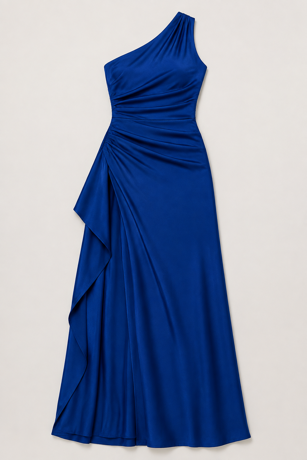 Tibetan Blue one-shoulder flowing maxi dress, flat lay