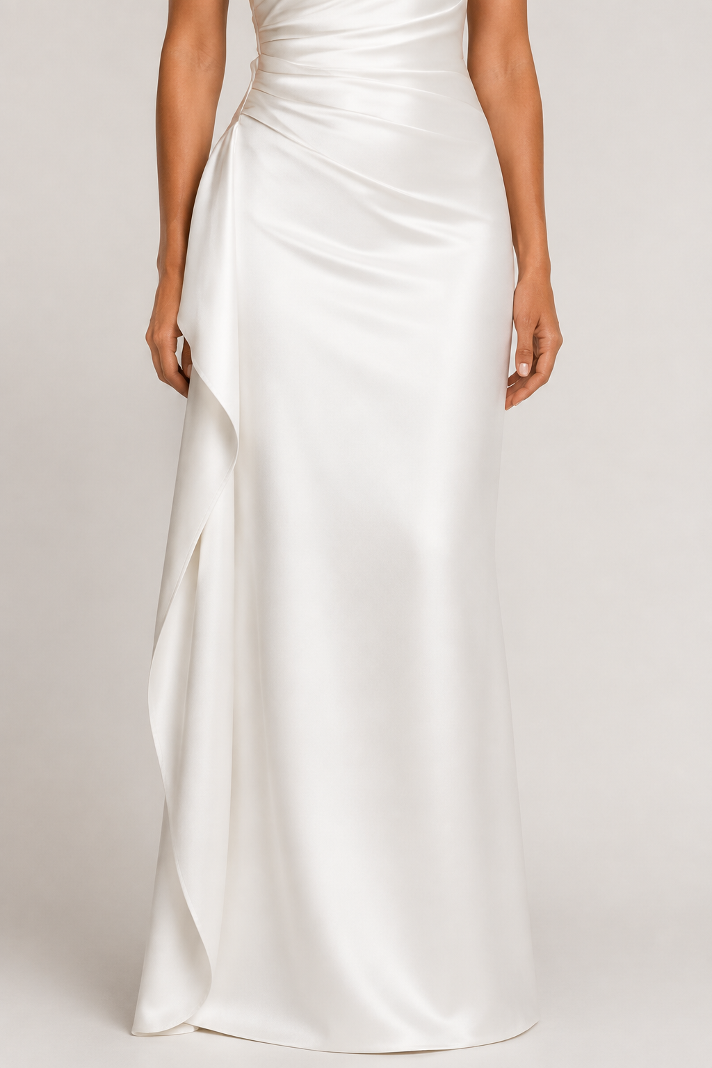 White one-shoulder flowing maxi dress, slit and draped panel detail