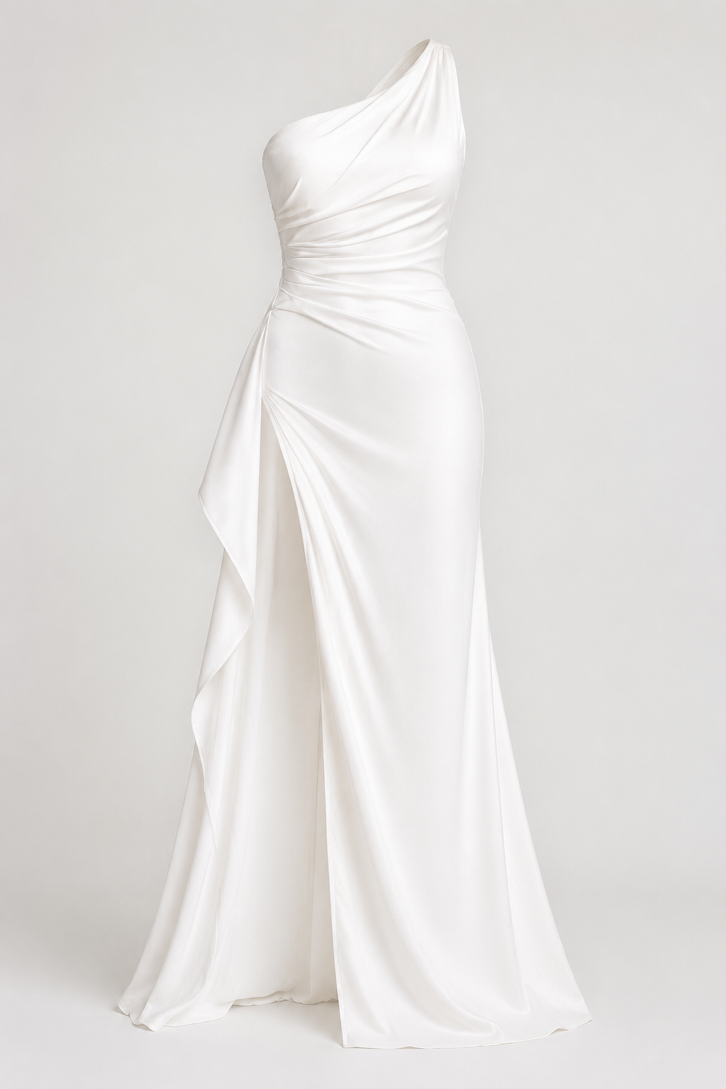 White one-shoulder flowing maxi dress, flat lay