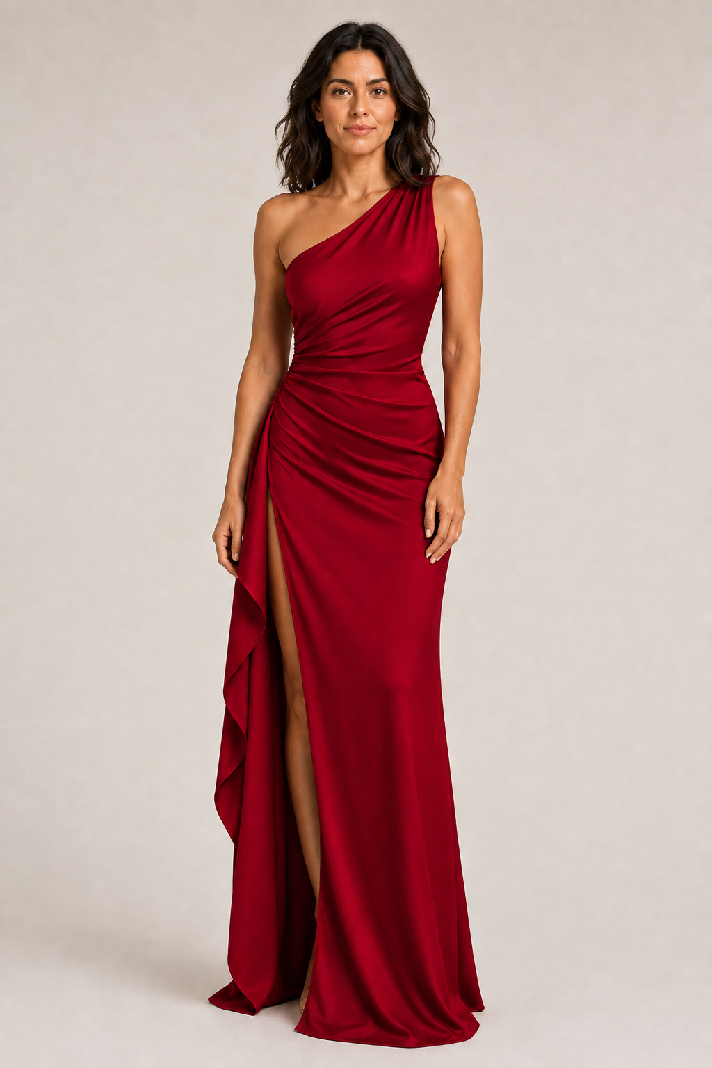 Wine Red one-shoulder flowing maxi dress, front three-quarter view