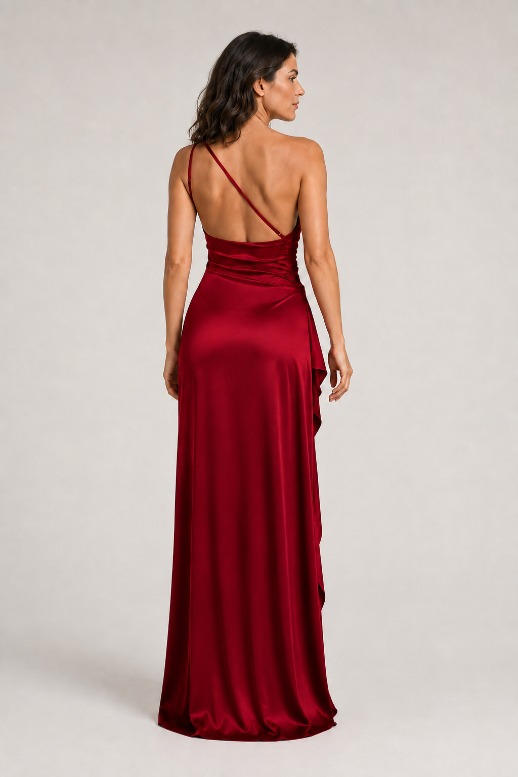Wine Red one-shoulder flowing maxi dress, back view