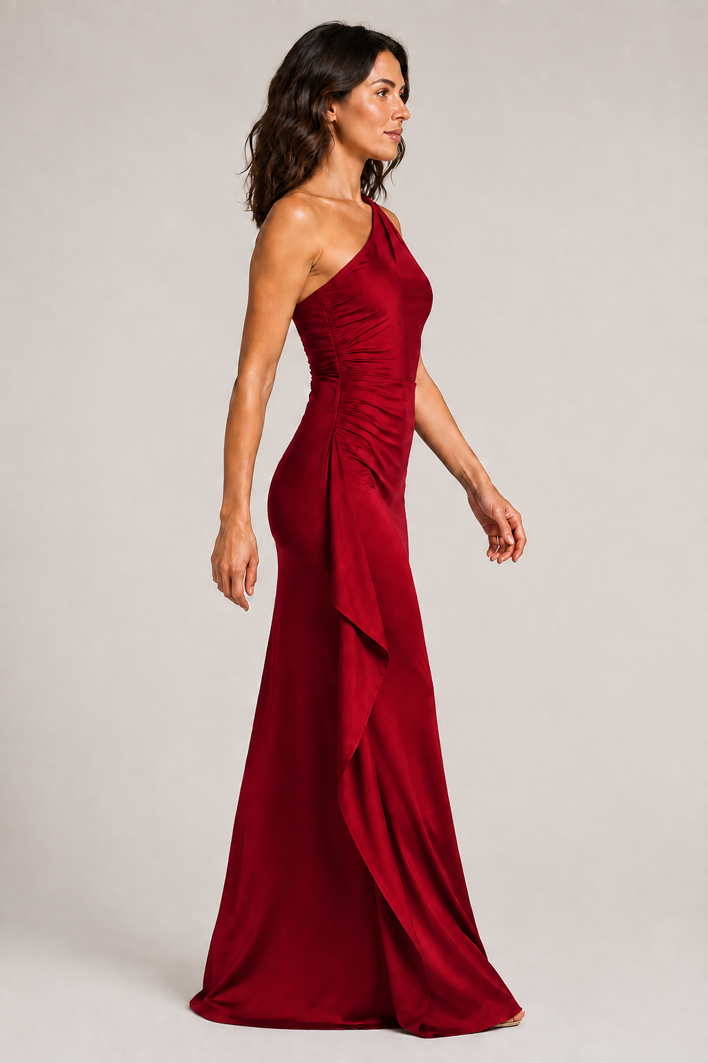 Wine Red one-shoulder flowing maxi dress, side view