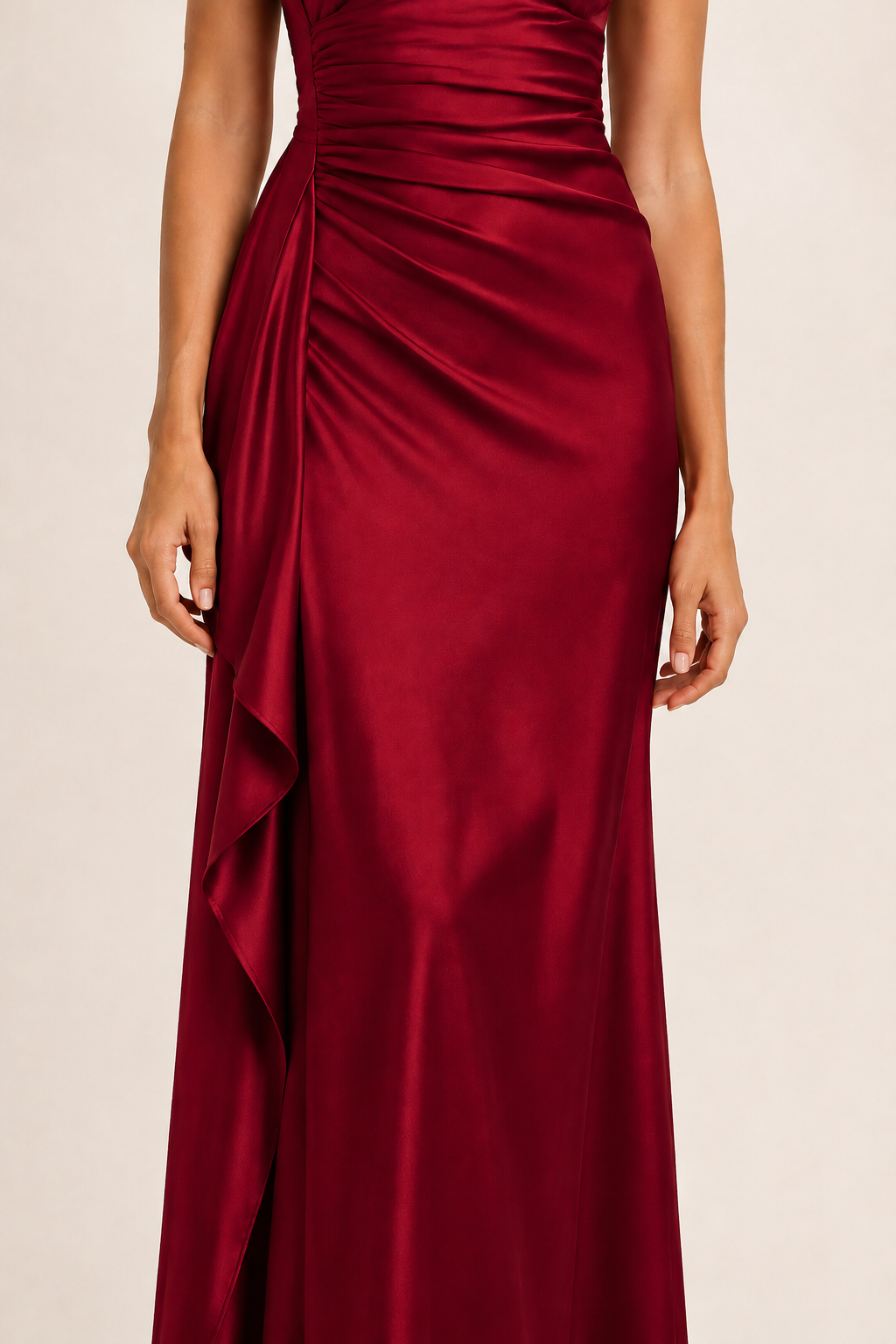 Wine Red one-shoulder flowing maxi dress, slit and draped panel detail
