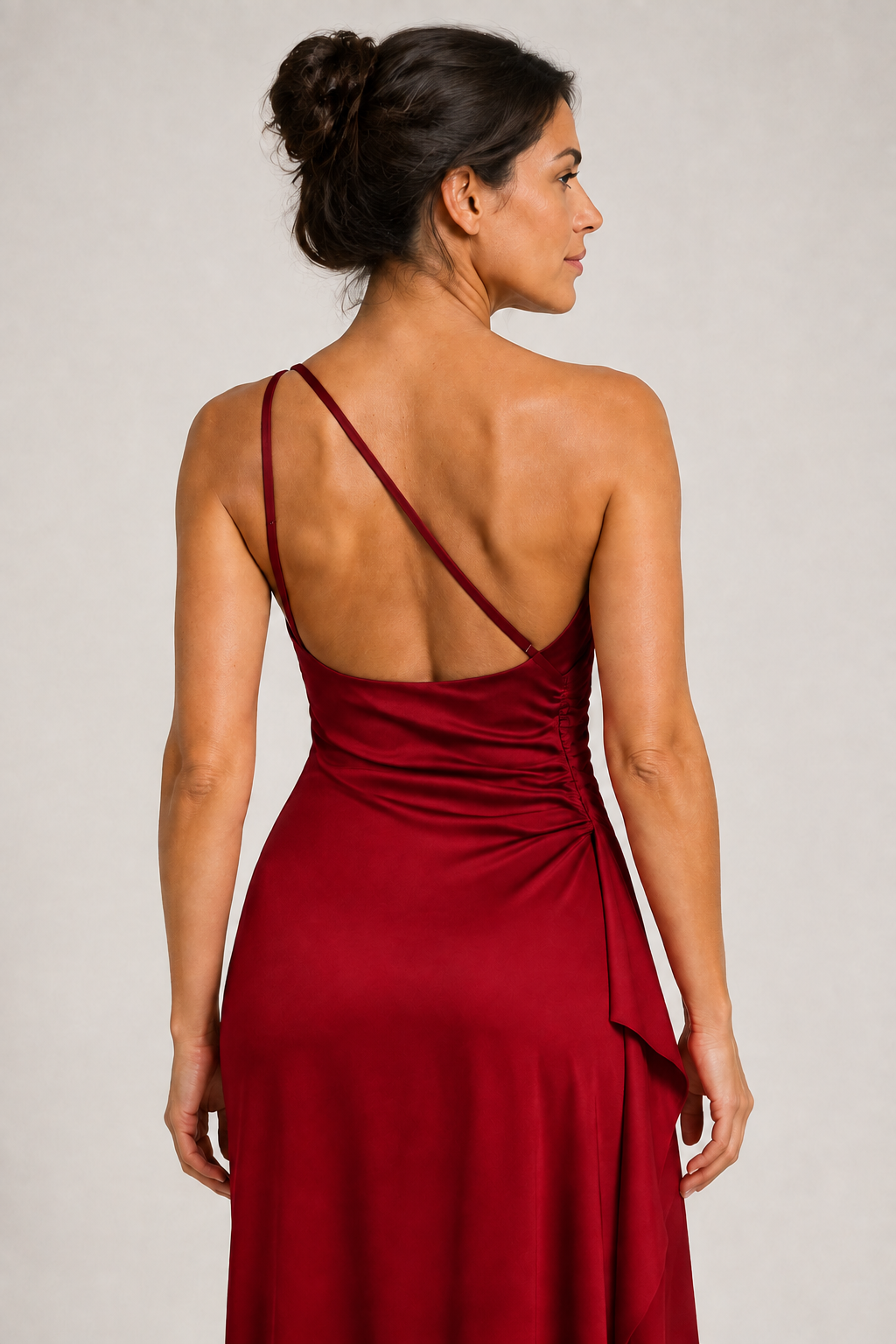 Wine Red one-shoulder flowing maxi dress, open-back strap construction detail