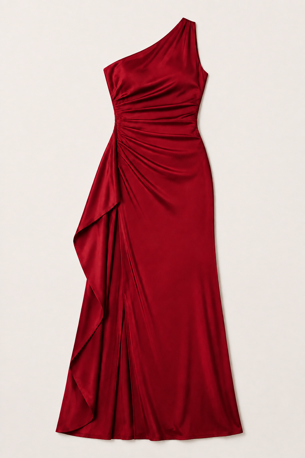 Wine Red one-shoulder flowing maxi dress, flat lay