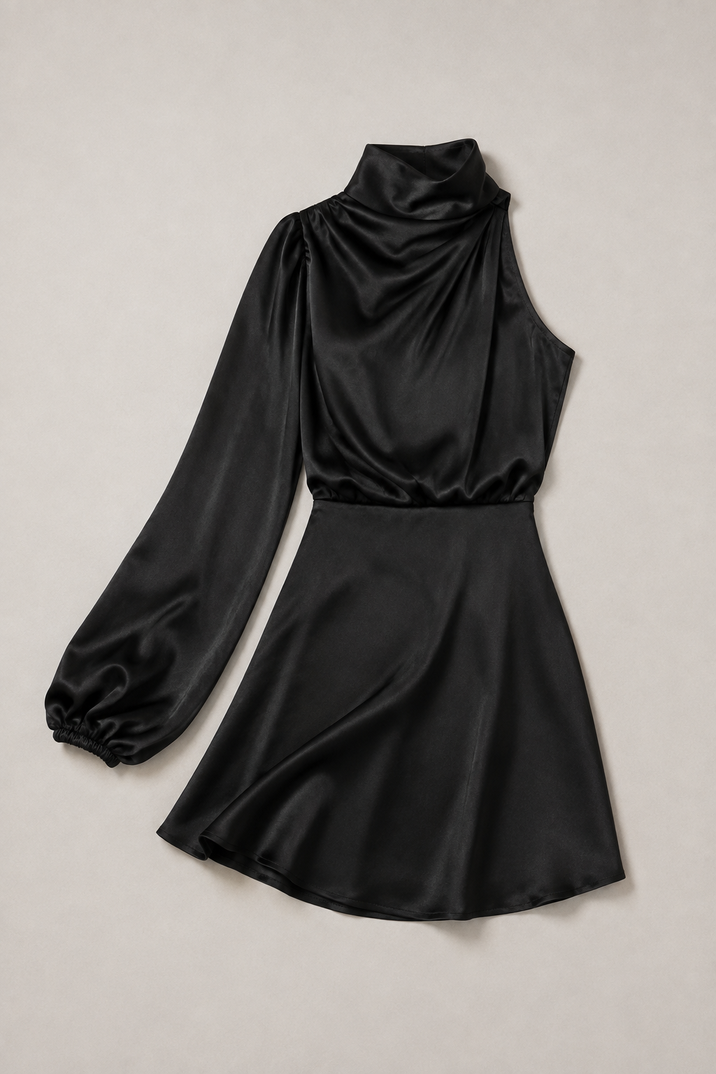 One-Shoulder Puff-Sleeve Midi Dress in Black, flat lay