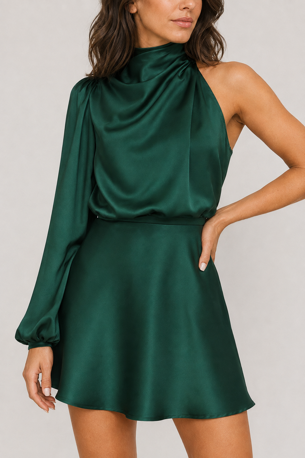 One-Shoulder Puff-Sleeve Midi Dress in Deep Green, waistband construction detail