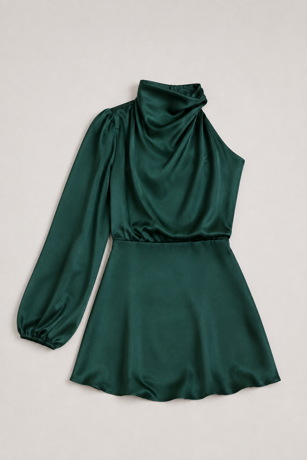 One-Shoulder Puff-Sleeve Midi Dress in Deep Green, flat lay