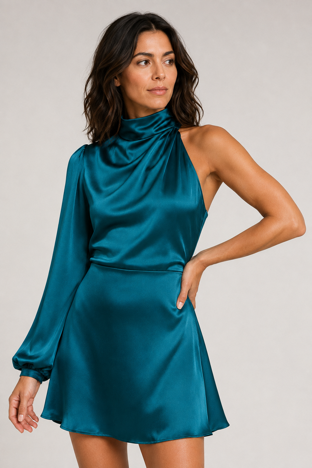 One-Shoulder Puff-Sleeve Midi Dress in Lake Blue, fabric detail