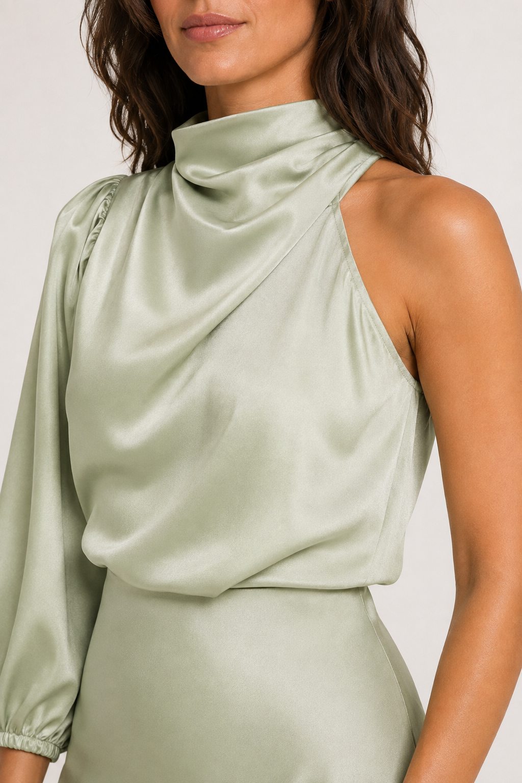 One-Shoulder Puff-Sleeve Midi Dress in Pale Green, fabric detail