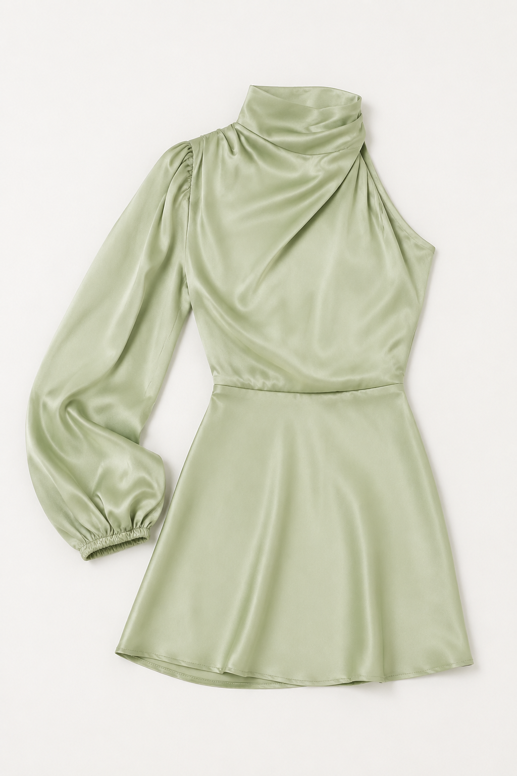 One-Shoulder Puff-Sleeve Midi Dress in Pale Green, flat lay