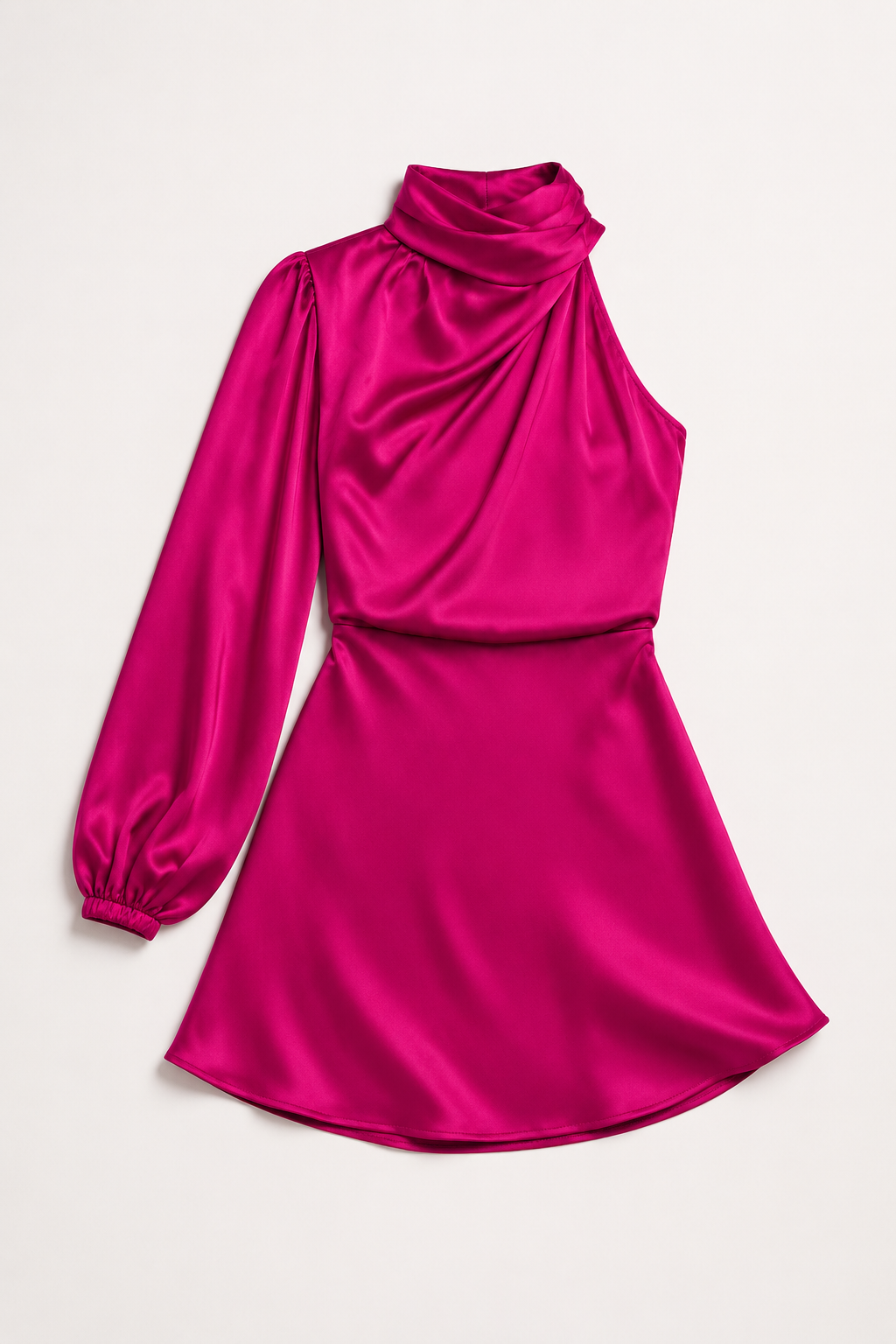 One-Shoulder Puff-Sleeve Midi Dress in Rose-Red, flat lay