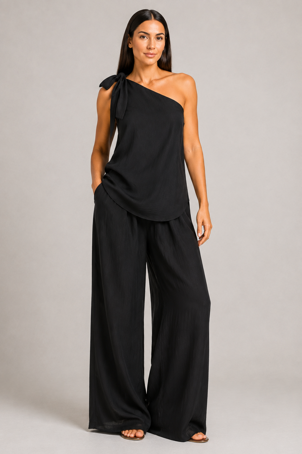 Black one-shoulder wide-leg trouser set, front three-quarter view