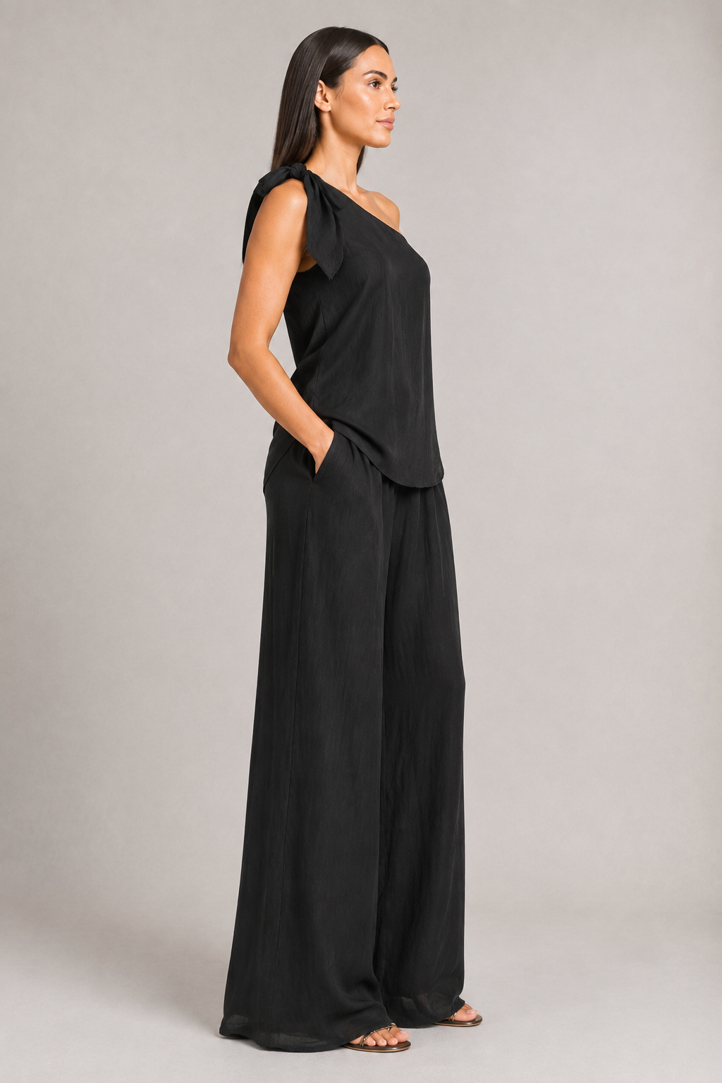Black one-shoulder wide-leg trouser set, right-side view