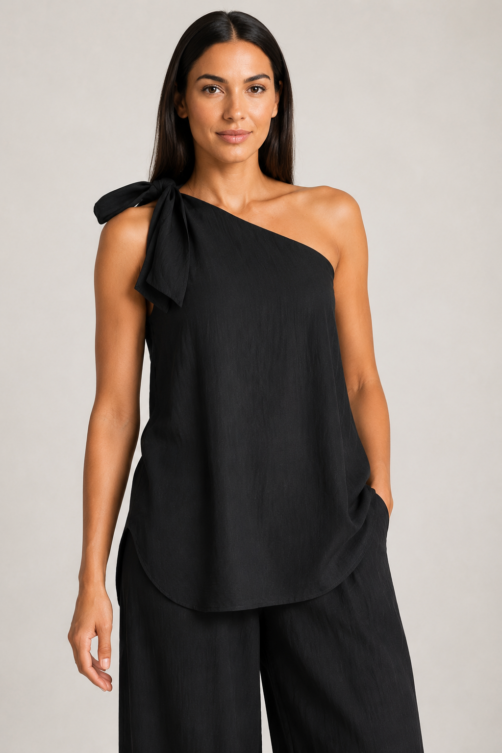 Black one-shoulder wide-leg trouser set, shoulder tie construction detail