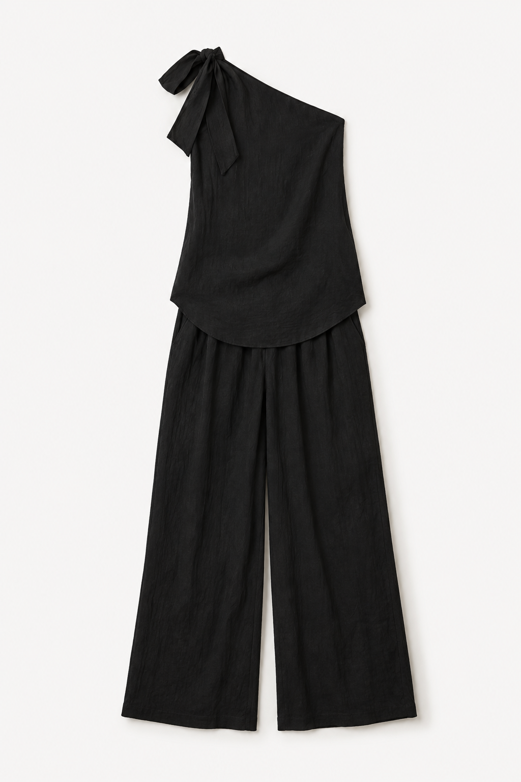 Black one-shoulder wide-leg trouser set, product flat lay