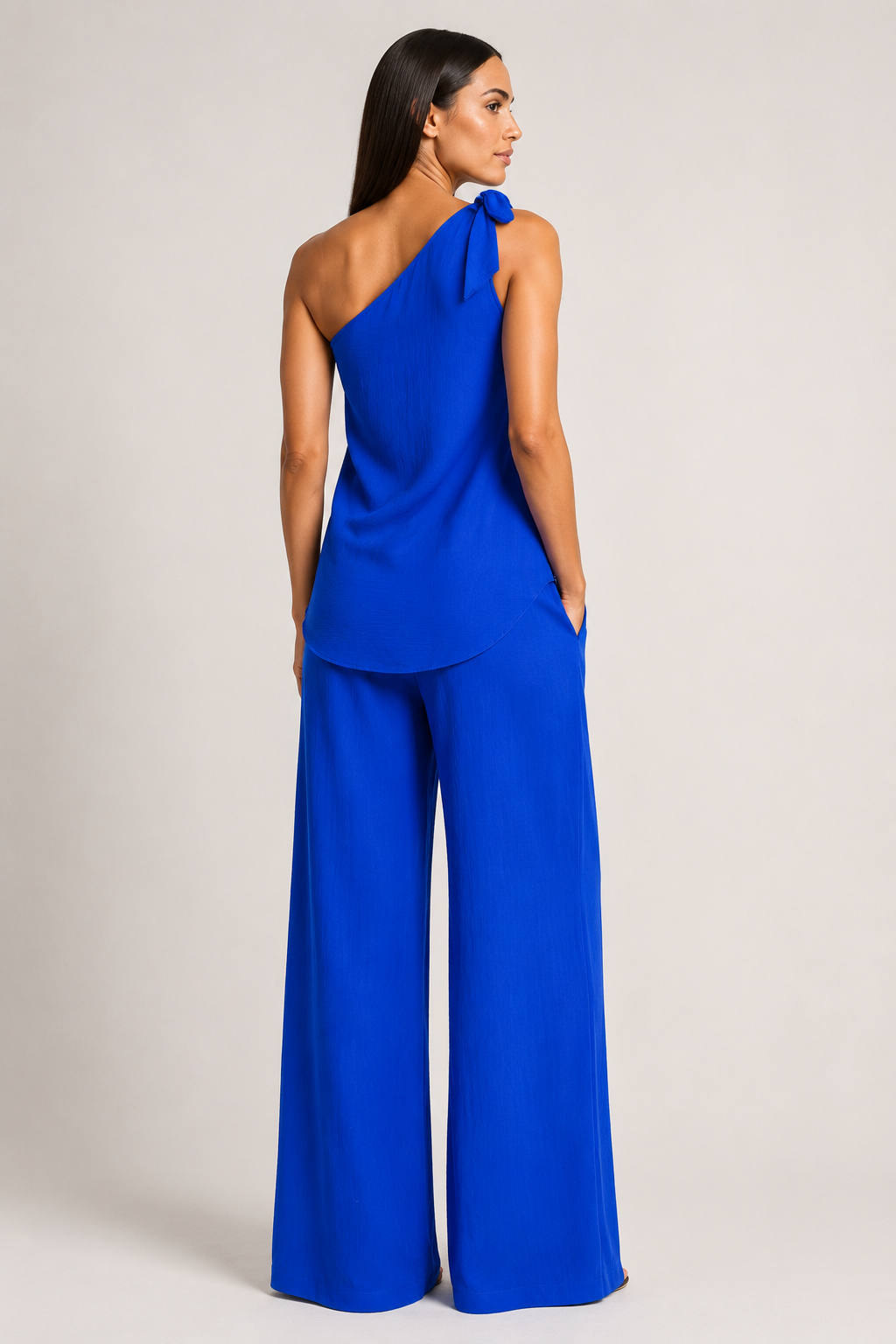 Blue one-shoulder wide-leg trouser set, back view