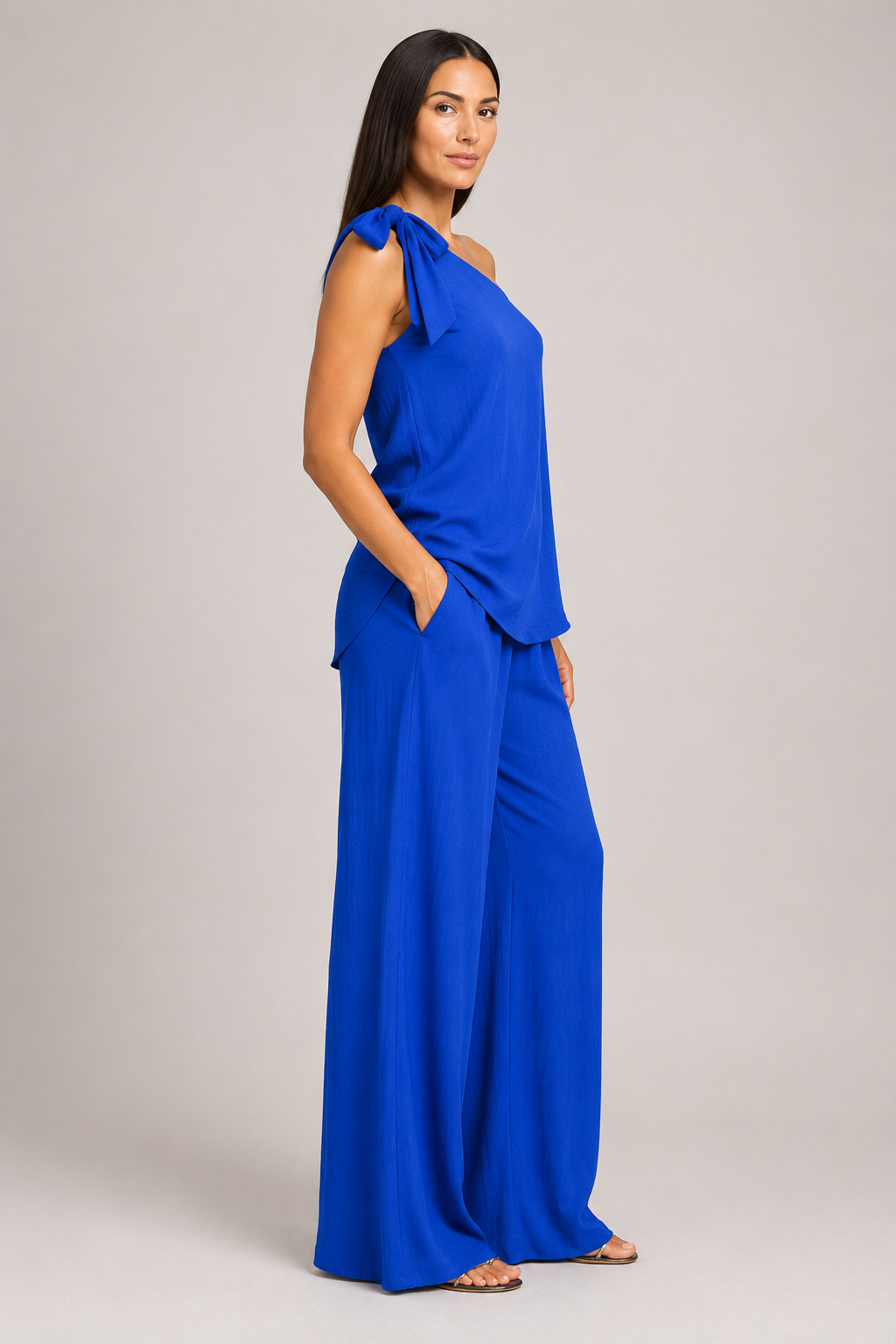 Blue one-shoulder wide-leg trouser set, right-side view