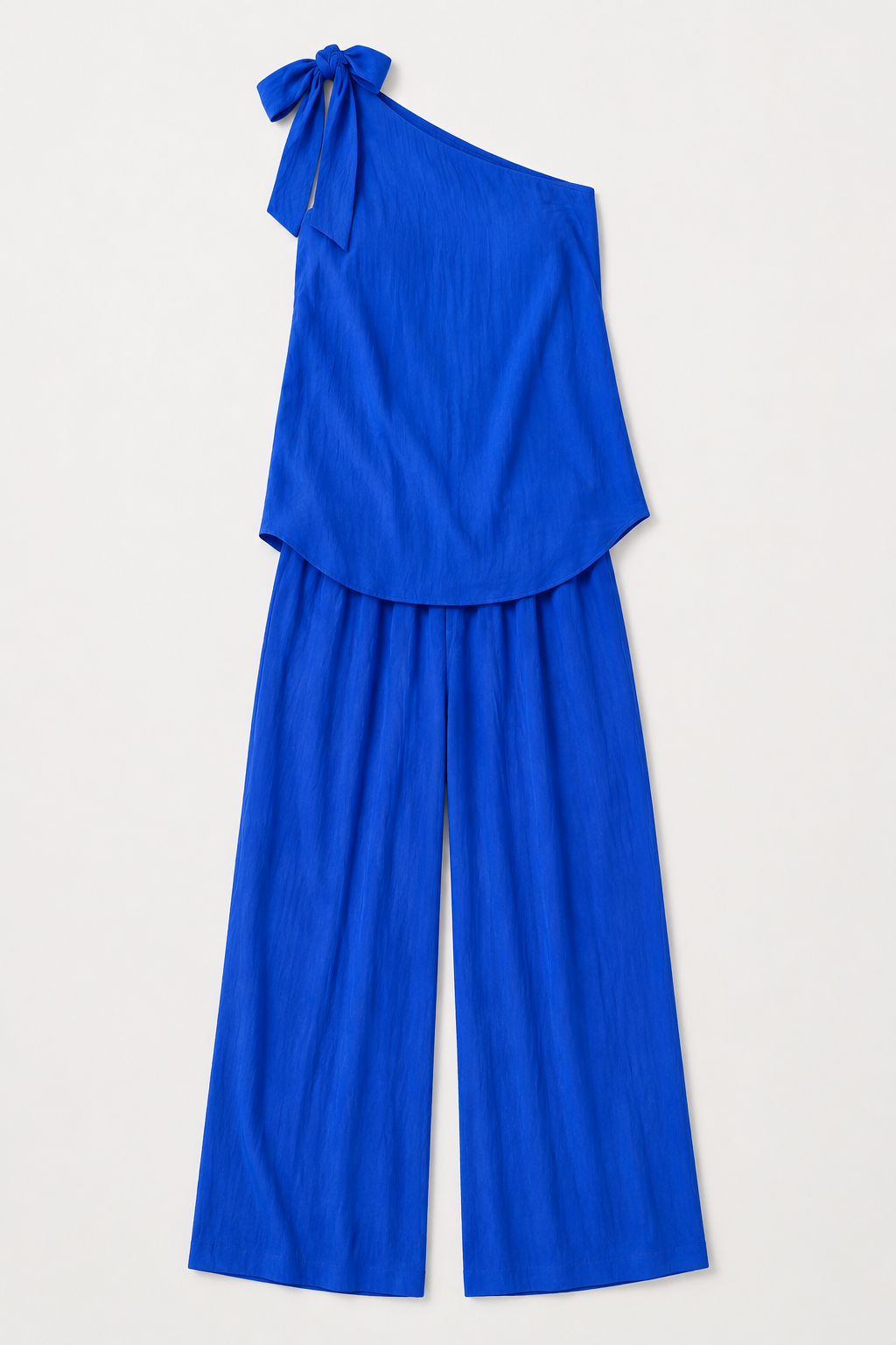 Blue one-shoulder wide-leg trouser set, product flat lay