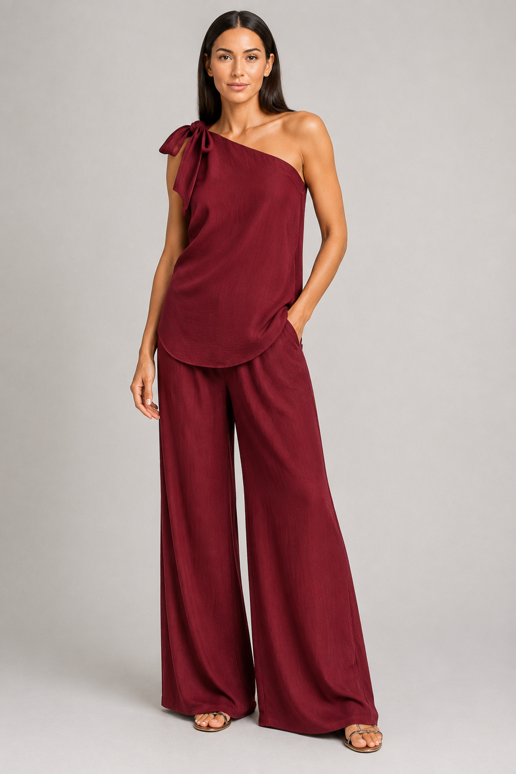 Burgundy one-shoulder wide-leg trouser set, front three-quarter view