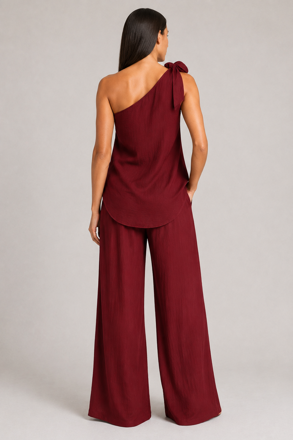 Burgundy one-shoulder wide-leg trouser set, back view