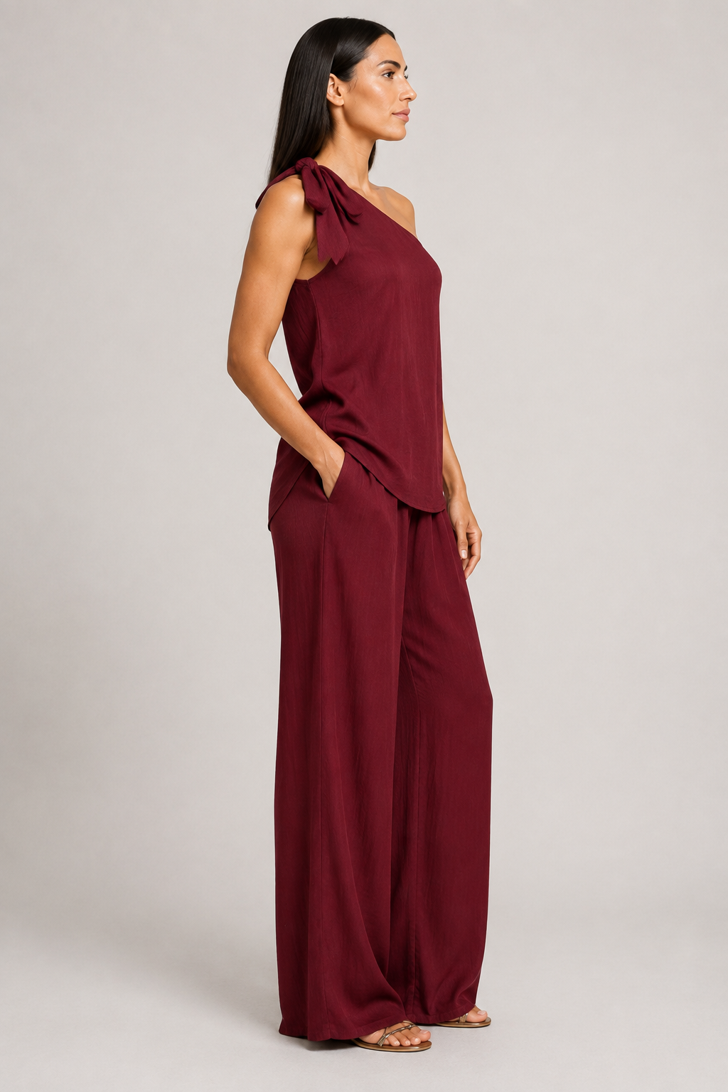 Burgundy one-shoulder wide-leg trouser set, right-side view