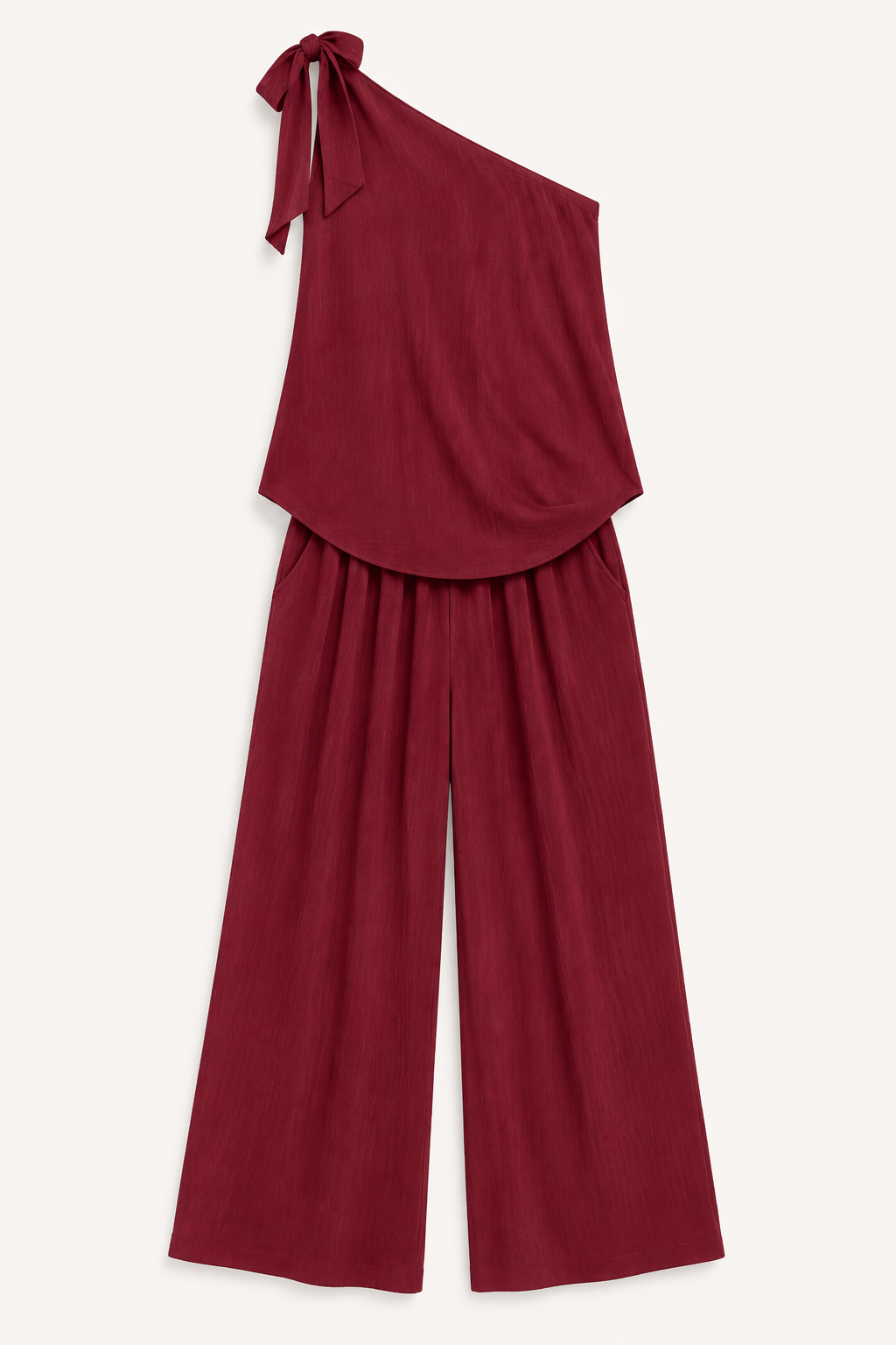 Burgundy one-shoulder wide-leg trouser set, product flat lay