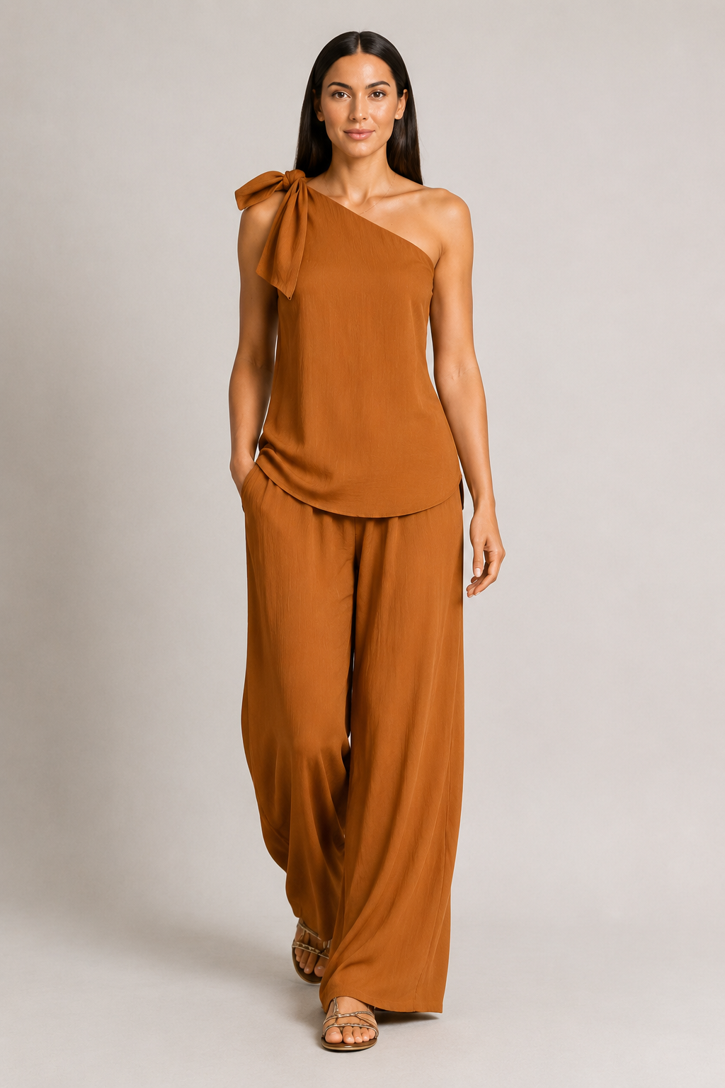 Caramel one-shoulder wide-leg trouser set, front three-quarter view