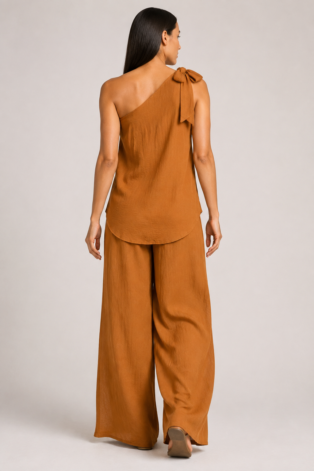 Caramel one-shoulder wide-leg trouser set, back view