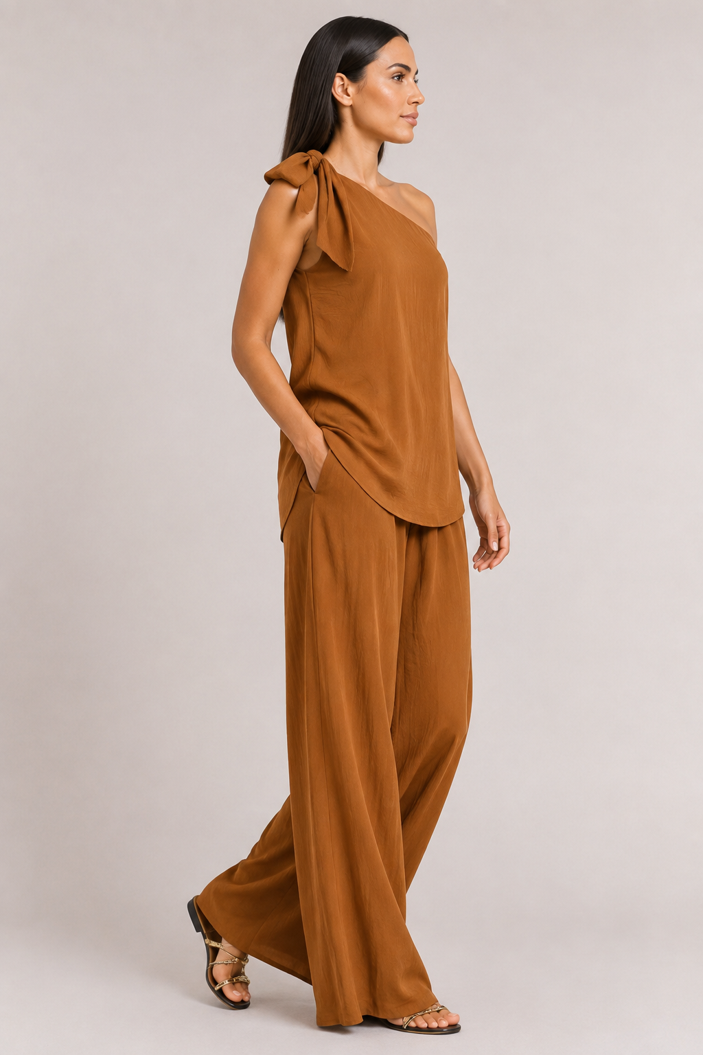 Caramel one-shoulder wide-leg trouser set, right-side view
