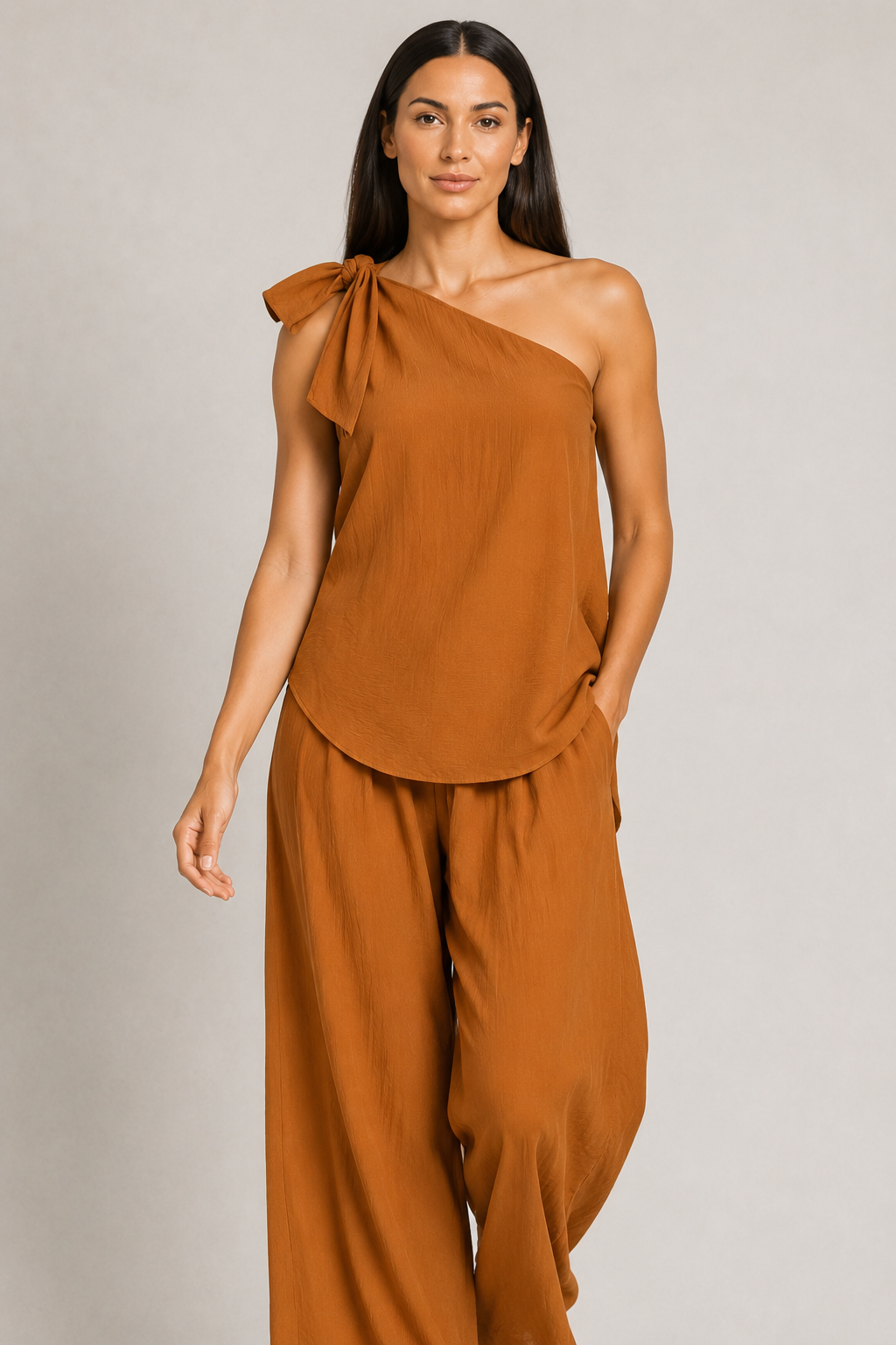 Caramel one-shoulder wide-leg trouser set, crinkle fabric detail