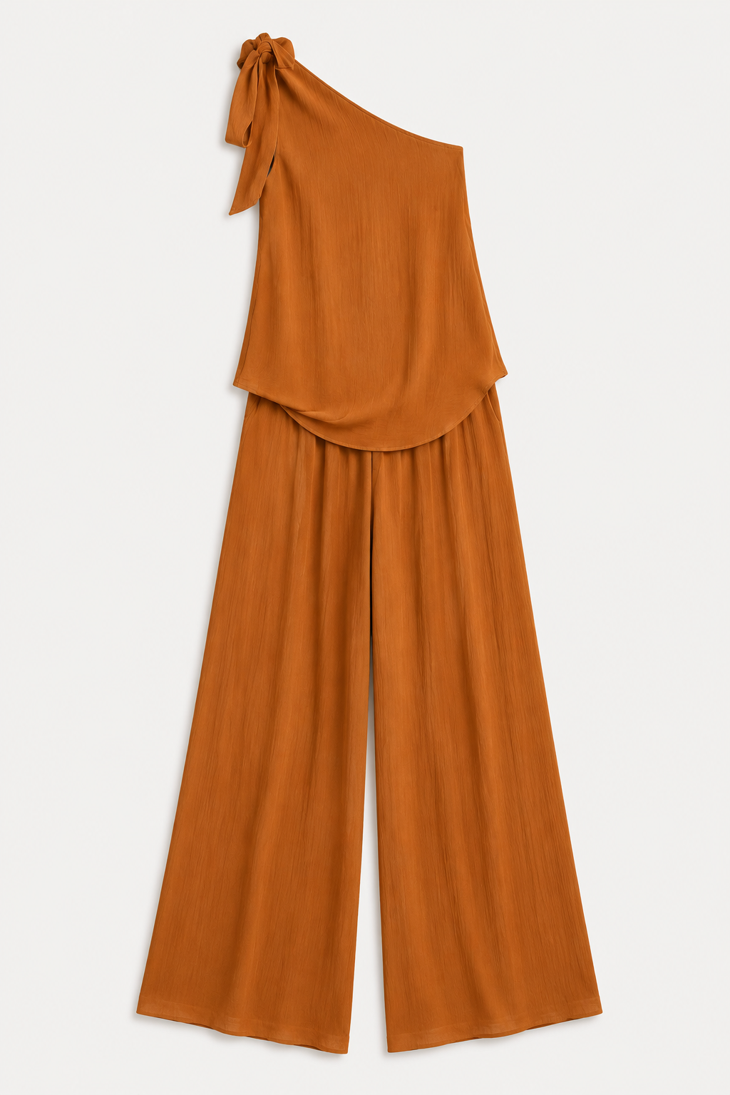 Caramel one-shoulder wide-leg trouser set, product flat lay