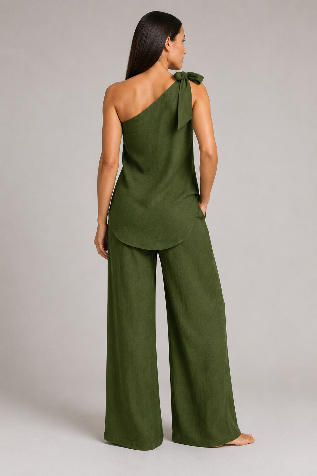 Green one-shoulder wide-leg trouser set, back view