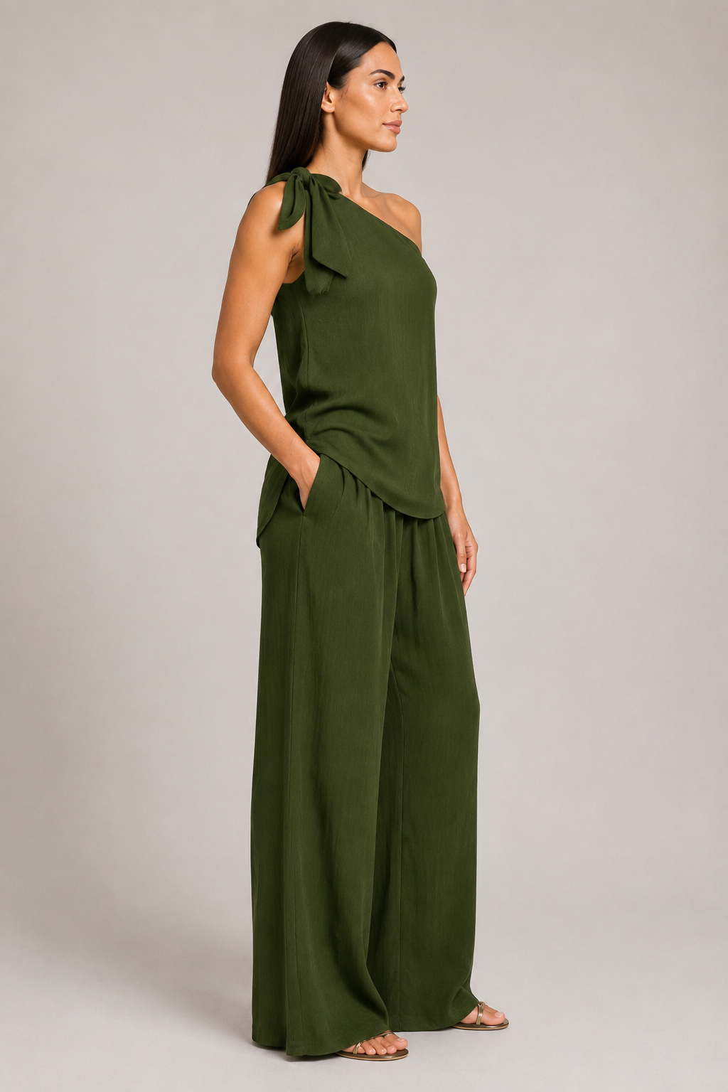 Green one-shoulder wide-leg trouser set, right-side view