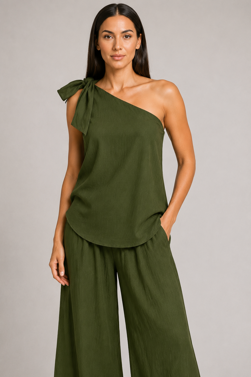 Green one-shoulder wide-leg trouser set, shoulder tie construction detail