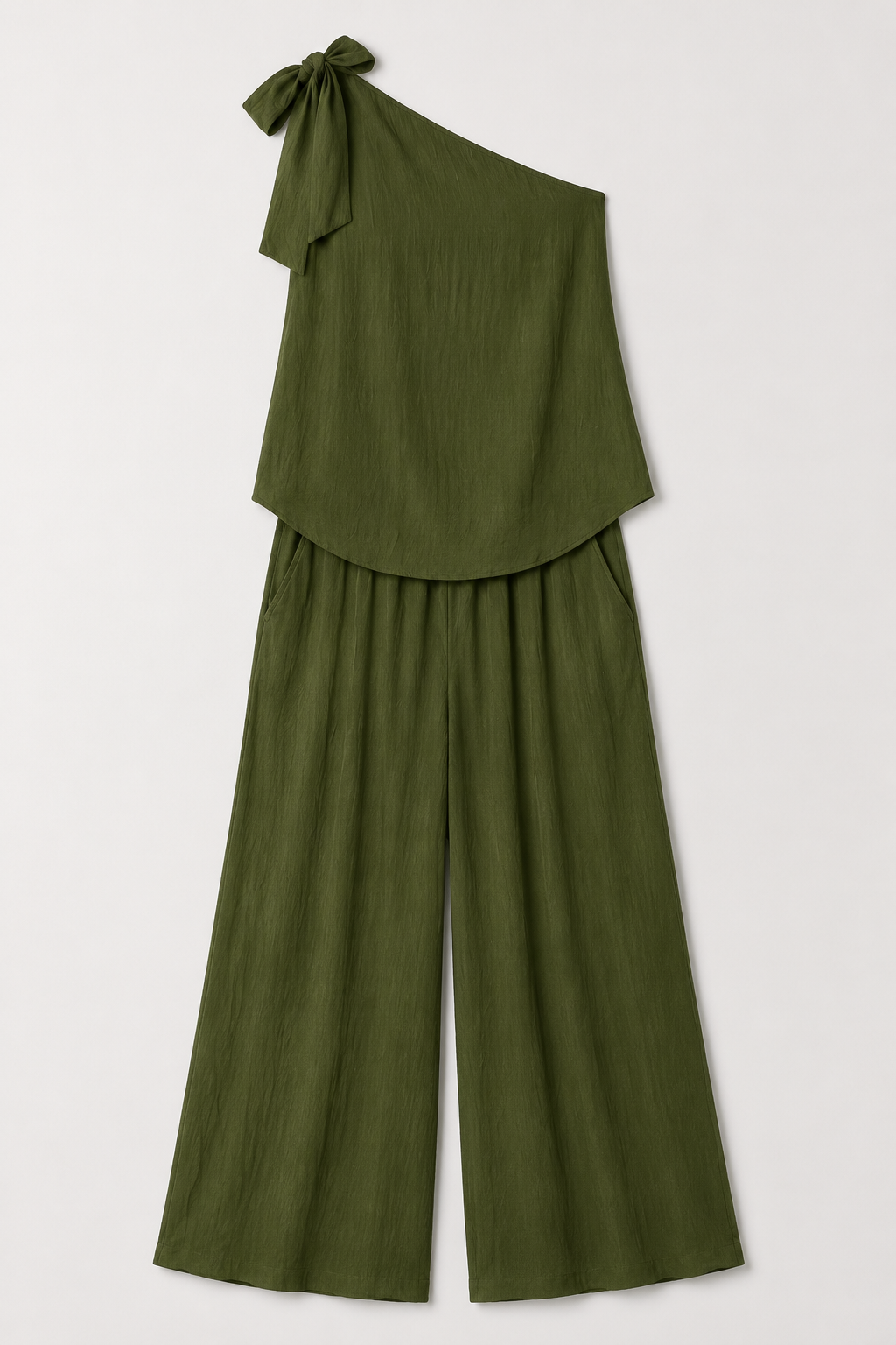 Green one-shoulder wide-leg trouser set, product flat lay