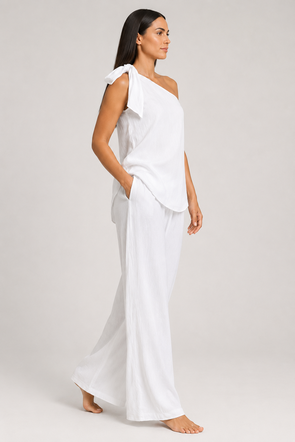 White one-shoulder wide-leg trouser set, right-side view