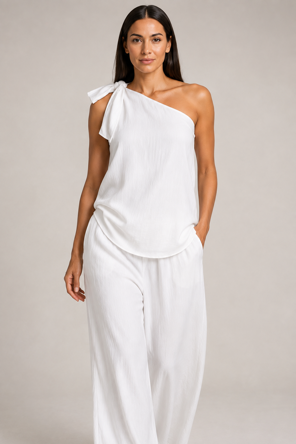White one-shoulder wide-leg trouser set, crinkle fabric detail