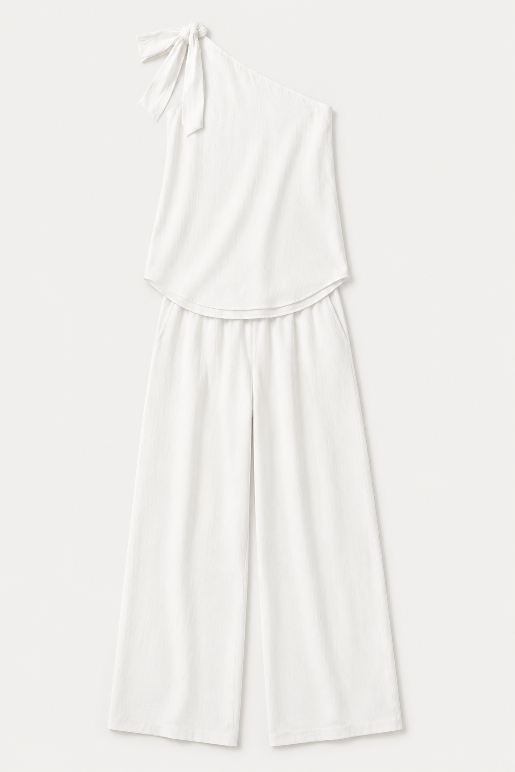White one-shoulder wide-leg trouser set, product flat lay