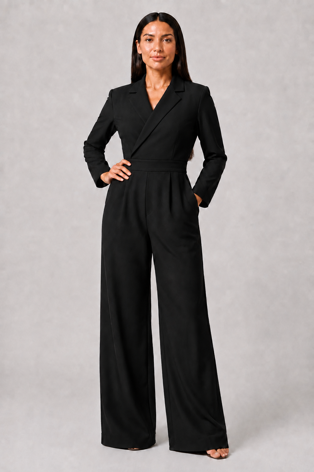 Pleated Blazer-Style Wide-Leg Jumpsuit