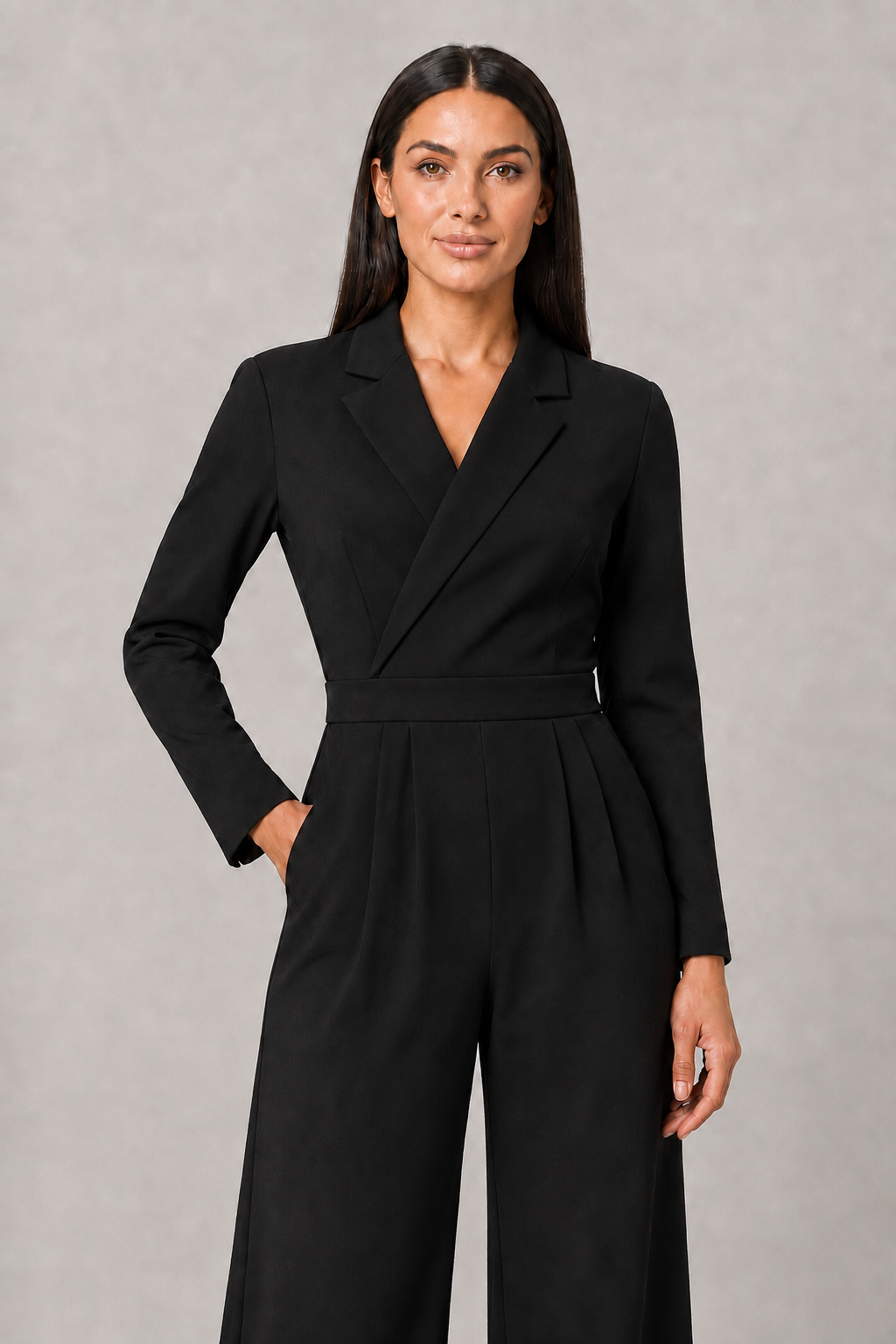 Pleated Blazer-Style Wide-Leg Jumpsuit