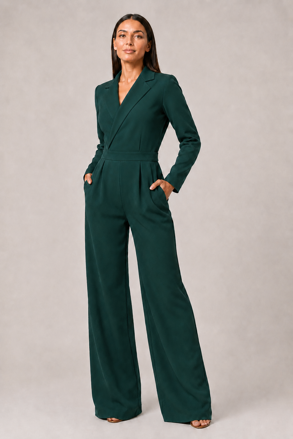 Pleated Blazer-Style Wide-Leg Jumpsuit