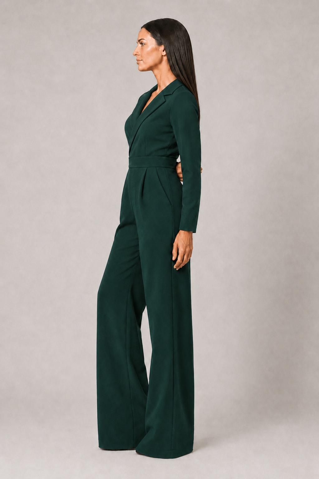 Pleated Blazer-Style Wide-Leg Jumpsuit